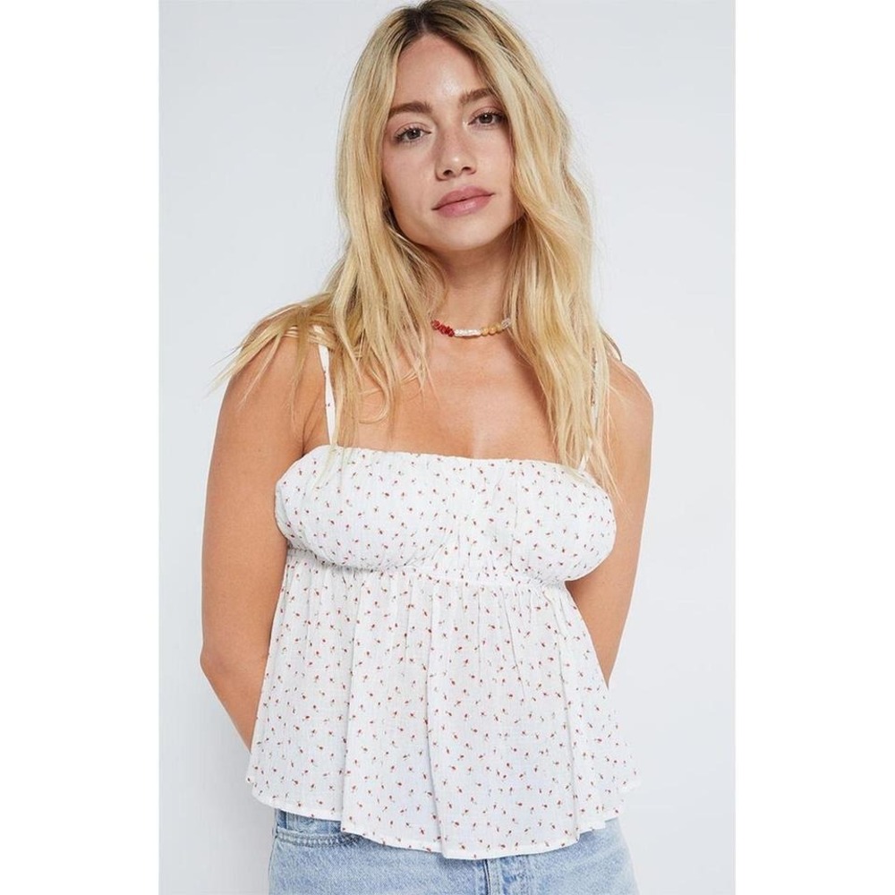 LA Hearts White Floral Babydoll Tank Top Square Neck Smocked Bust y2k